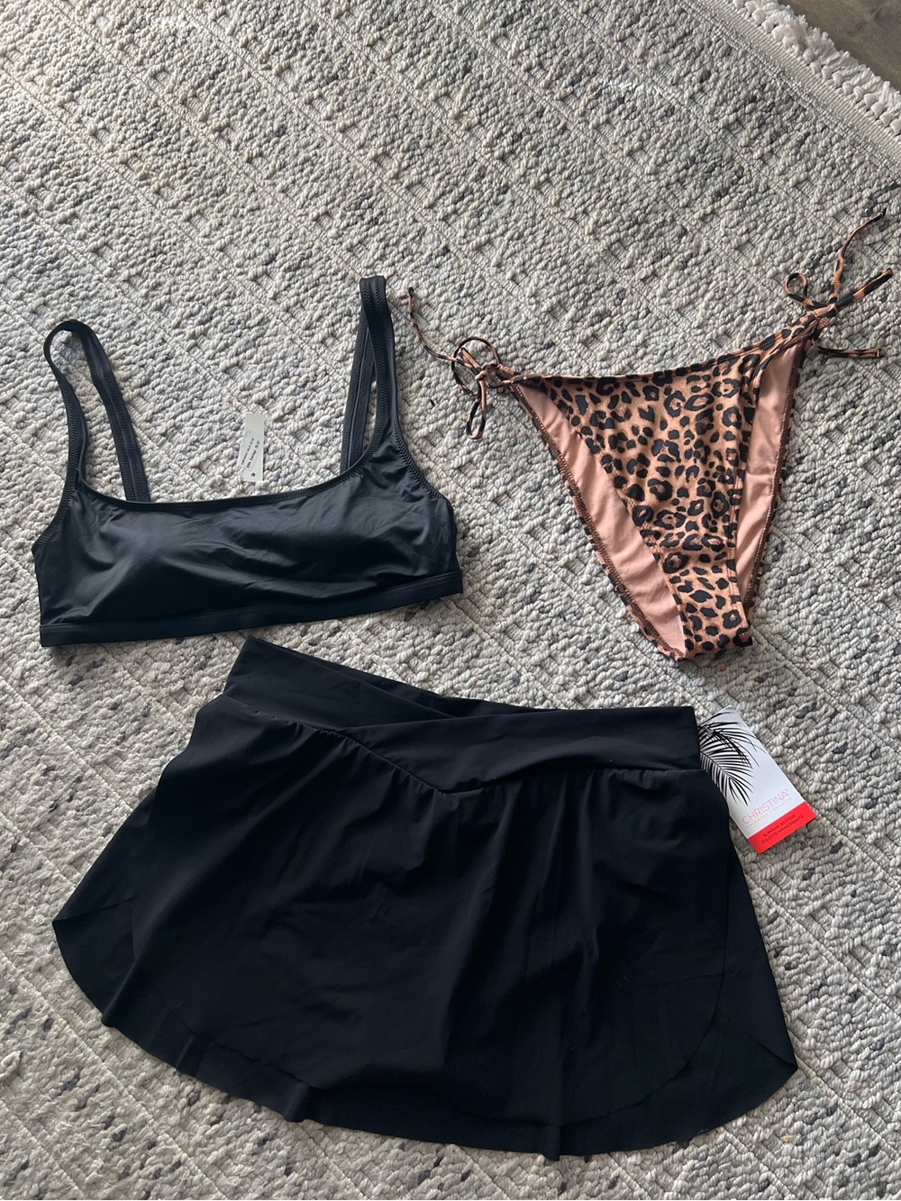 Women’s Black Swim Top and Skirt Set with Leopard Tie-Side Bikini Bottom Bundle